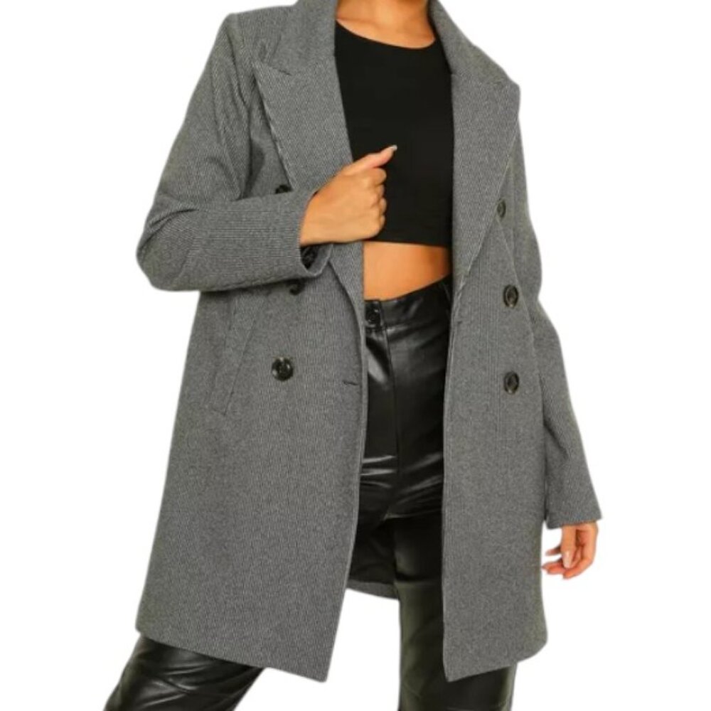 Boohoo Houndstooth Double Breasted Wool Look‎ Coat Womens